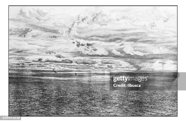 antique dotprinted photograph of painting: seascape - taormina italy stock illustrations