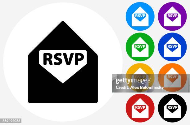 rsvp-symbol auf flachen farbkreis-tasten - rsvp stock-grafiken, -clipart, -cartoons und -symbole