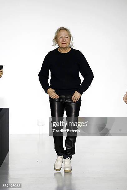 Designer Agnes Trouble walks the runway during the Agnes B designed by Agnes Trouble Menswear Fall/Winter 2017-2018 show as part of Paris Fashion...