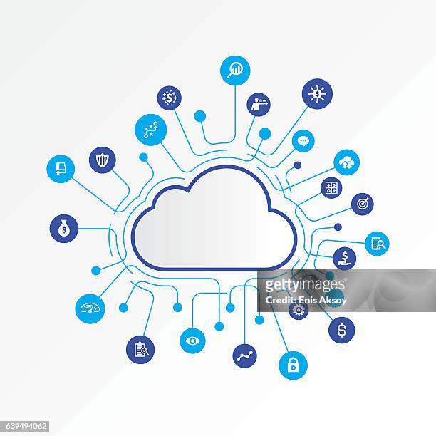 ilustraciones, imágenes clip art, dibujos animados e iconos de stock de concepto de cloud computing con iconos de finanzas y análisis - computación en nube