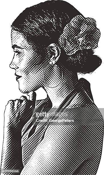 engraving portrait of a hispanic woman dressed for dancing - mexican ethnicity stock illustrations