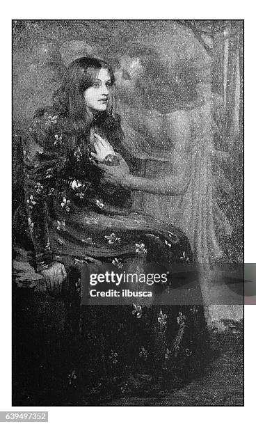 antique dotprinted photograph of painting: woman and ghost - widow stock illustrations