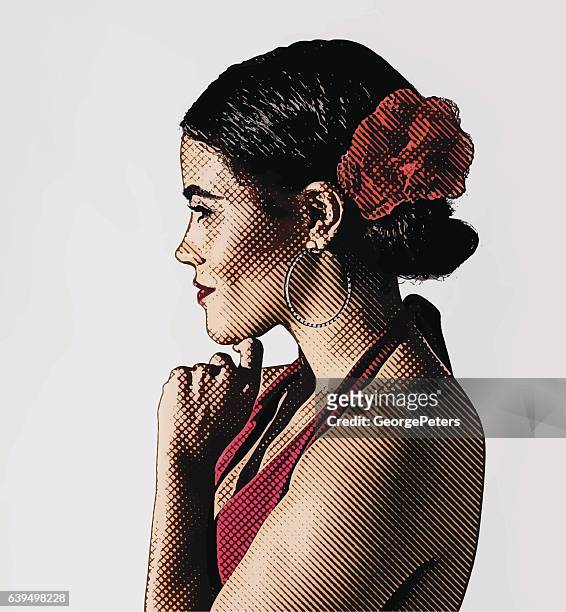 ilustraciones, imágenes clip art, dibujos animados e iconos de stock de retrato grabado de una mujer hispana vestida para bailar - flamenco dancing