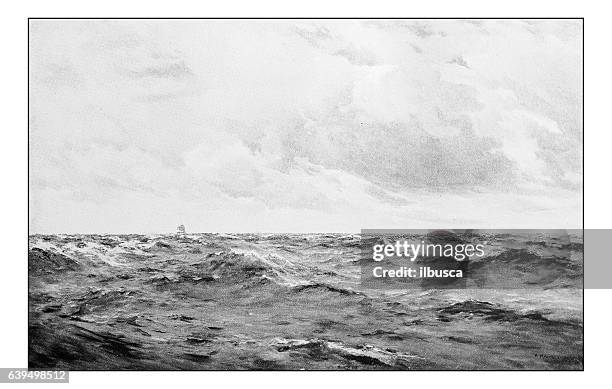 antique dotprinted photograph of painting: seascape - taormina italy stock illustrations