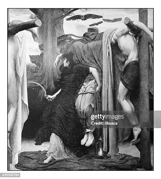 antique dotprinted photograph of painting: crucifixion - billhook stock illustrations