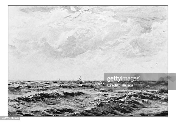 antique dotprinted photograph of painting: seascape - taormina italy stock illustrations