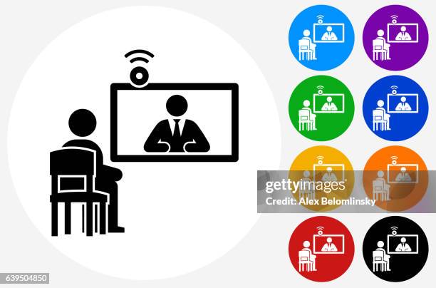 online interview icon on flat color circle buttons - interview camera stock illustrations