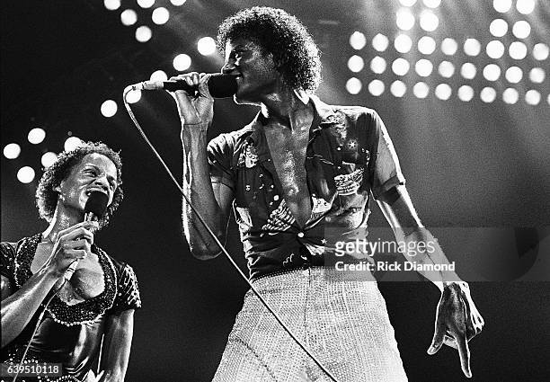 Marlon Jackson and Michael Jackson perform during The Jacksons Triumph Tour at The Omni Coliseum in Atlanta Georgia July 22, 1981