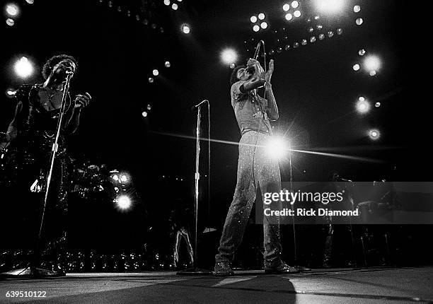 Marlon Jackson, Michael Jackson and Jackie Jackson perform during The Jacksons Triumph Tour at The Omni Coliseum in Atlanta Georgia July 22, 1981