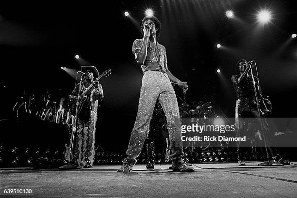 Tito Jackson, Marlon Jackson and Michael Jackson perform during The Jacksons Triumph Tour at The Omni Coliseum in Atlanta Georgia July 22, 1981
