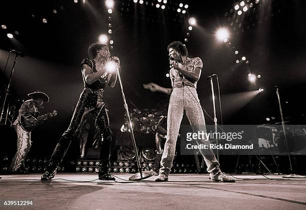 Tito Jackson, Marlon Jackson and Michael Jackson perform during The Jacksons Triumph Tour at The Omni Coliseum in Atlanta Georgia July 22, 1981