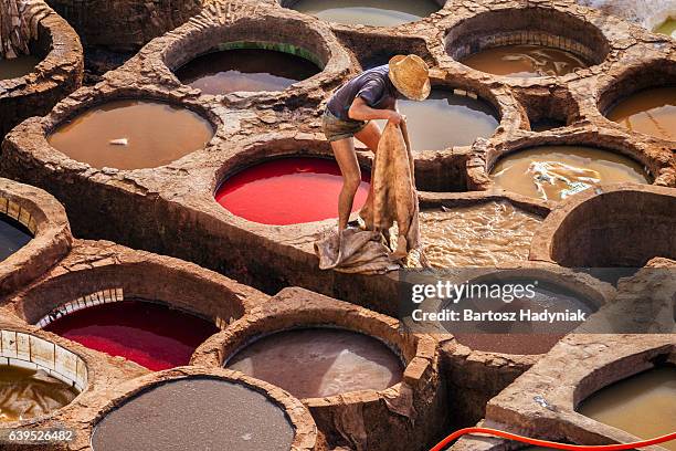 man working in the tannery, fez, morocco - leather industry stock pictures, royalty-free photos & images