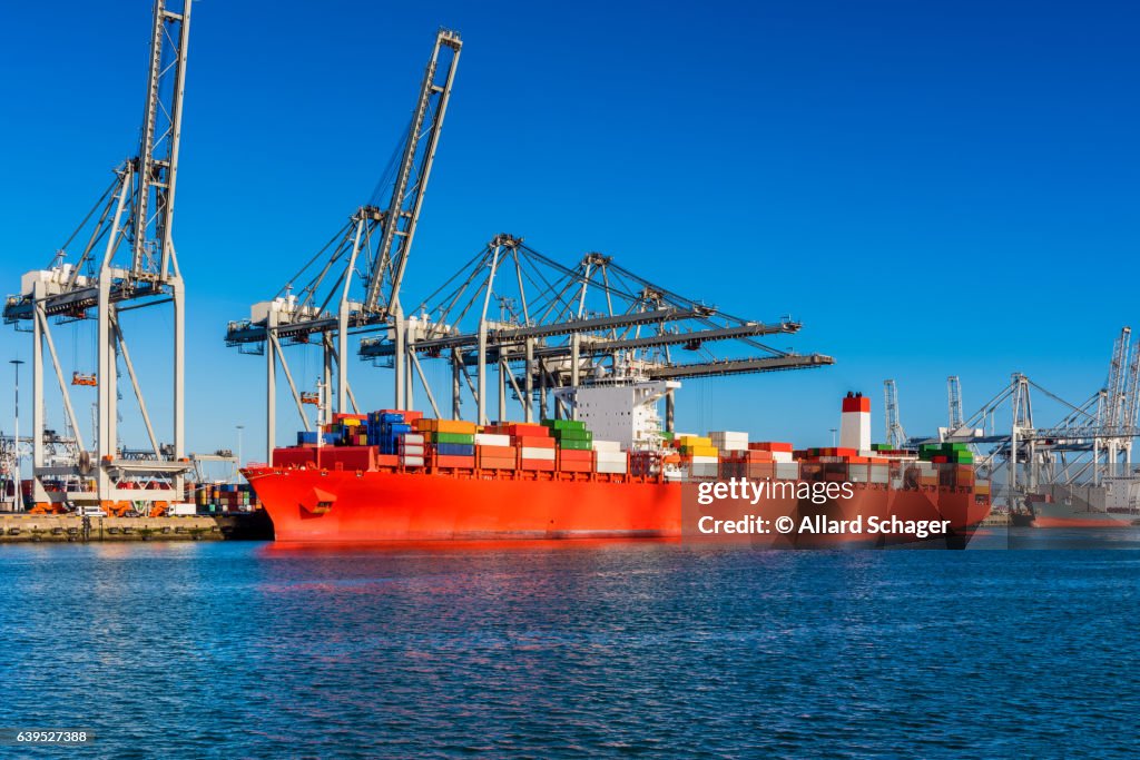 Container Ship docked in Rotterdam Harbour