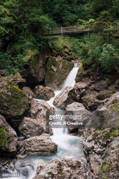 creek running down rocky canyon with wooden bridge crossing it in austria. - stoney creek bridge fotografías e imágenes de stock