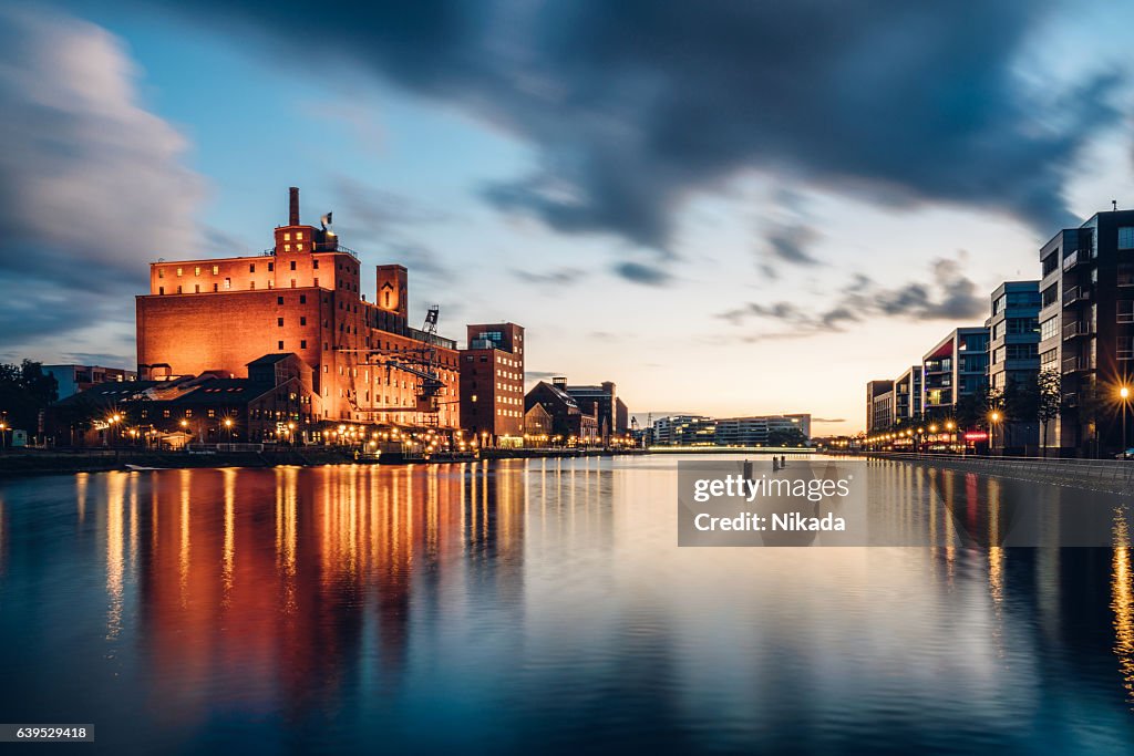 View of Duisburg Inner Harbour at dusk