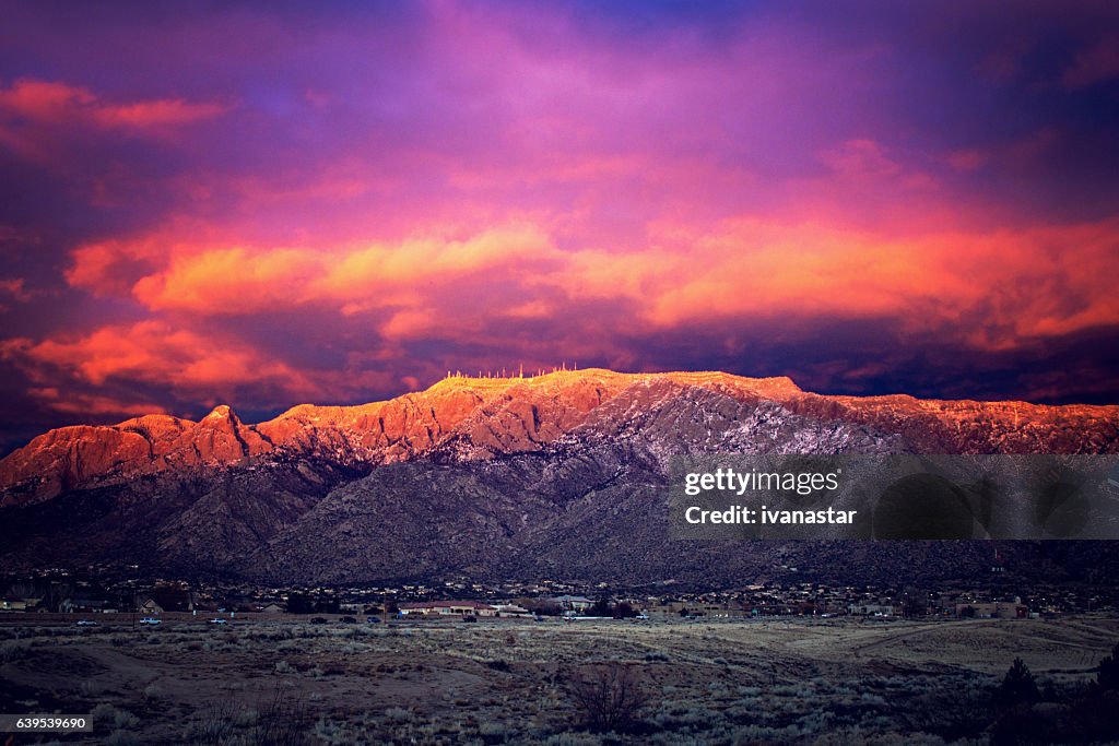 Snow Dusted Sandia Mountains at Magic Hour