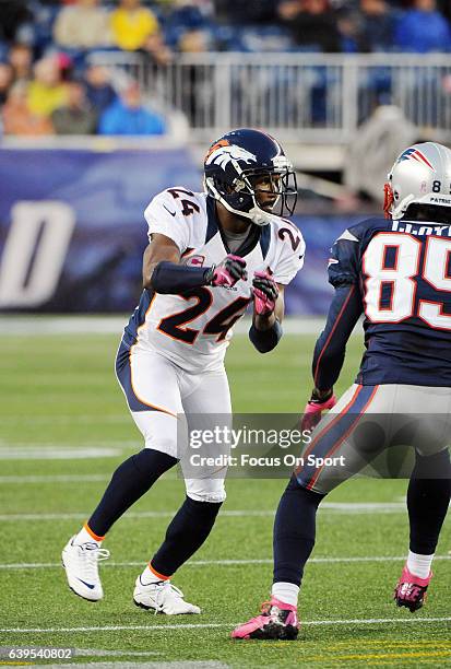 Champ Bailey of the Denver Broncos in action against Brandon Lloyd of the New England Patriots during an NFL football game October 7, 2012 at...