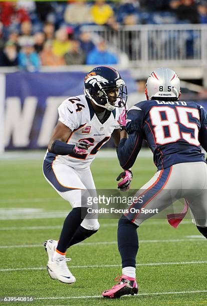 Champ Bailey of the Denver Broncos in action against Brandon Lloyd of the New England Patriots during an NFL football game October 7, 2012 at...