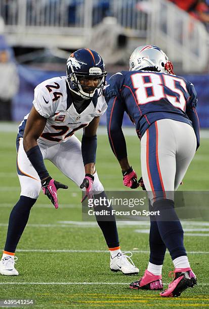 Champ Bailey of the Denver Broncos in action against Brandon Lloyd of the New England Patriots during an NFL football game October 7, 2012 at...