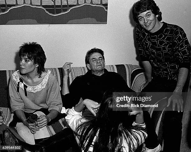 Rosanne Cash, Johnny Cash and Rodney Crowell backstage after performing at The MoonShadow Saloon in Atlanta Georgia October 19, 1982