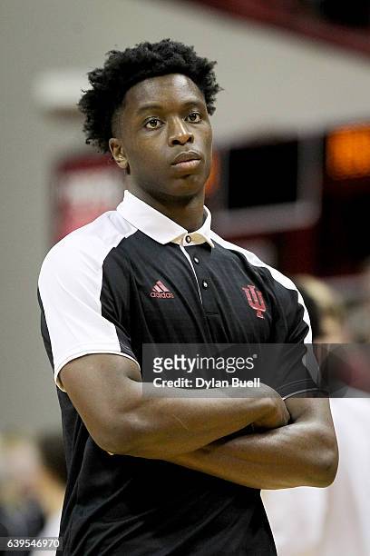 Anunoby of the Indiana Hoosiers looks on during warm ups before the game against the Michigan State Spartans at Assembly Hall on January 21, 2017 in...
