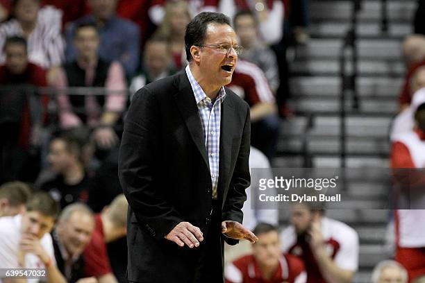 Head coach Tom Crean of the Indiana Hoosiers calls out instructions in the second half against the Michigan State Spartans at Assembly Hall on...