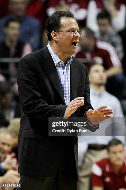 Head coach Tom Crean of the Indiana Hoosiers calls out instructions in the second half against the Michigan State Spartans at Assembly Hall on...