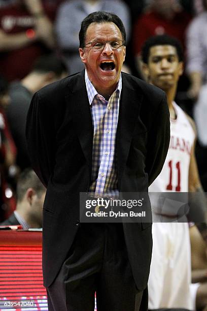 Head coach Tom Crean of the Indiana Hoosiers calls out instructions in the second half against the Michigan State Spartans at Assembly Hall on...