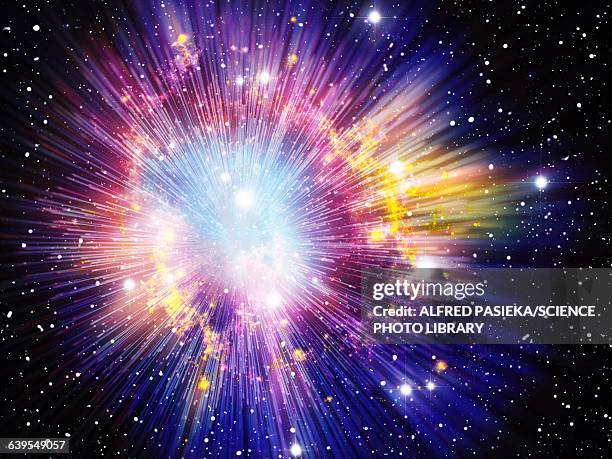 big bang, conceptual image - exploding light in outer space stock illustrations