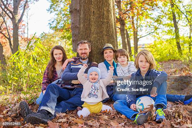 portrait of family sitting in forest, beside tree - fyrbarnsfamilj bildbanksfoton och bilder