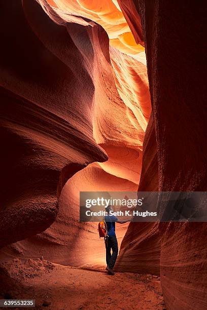 hiker, antelope canyon, page, arizona - antelope canyon stock-fotos und bilder