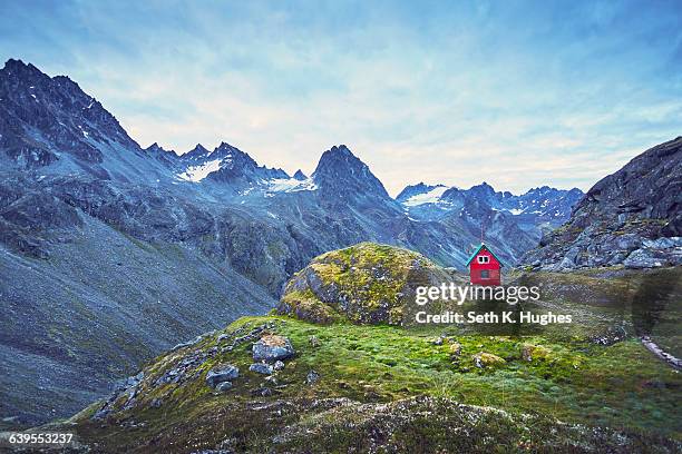 red hut on hill, palmer, alaska - american wilderness stock pictures, royalty-free photos & images