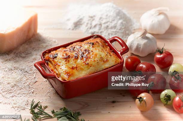 high angle view of lasagne in rectangular casserole dish - lasagne stock pictures, royalty-free photos & images