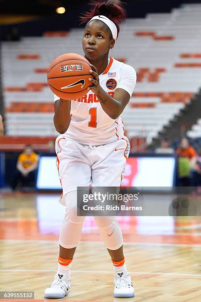 Alexis Peterson of the Syracuse Orange shoots a free throw against the Miami Hurricanes during the second half at the Carrier Dome on January 22,...