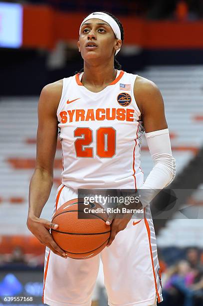 Brittney Sykes of the Syracuse Orange shoots a free throw against the Miami Hurricanes during the second half at the Carrier Dome on January 22, 2017...