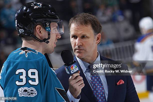 Logan Couture of the San Jose Sharks speaks with media during the game against the St. Louis Blues at SAP Center on January 14, 2017 in San Jose,...