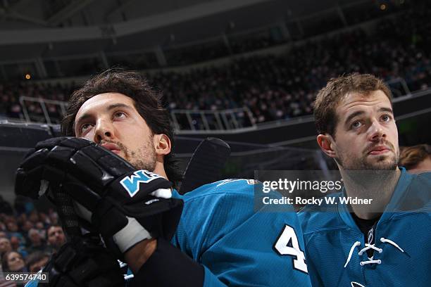 Brenden Dillon of the San Jose Sharks looks on during the game against the St. Louis Blues at SAP Center on January 14, 2017 in San Jose, California.