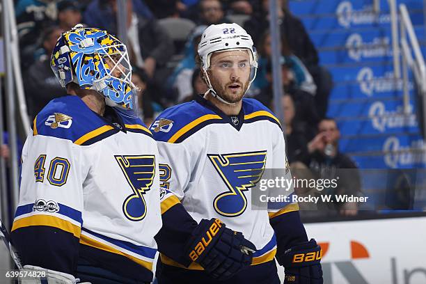 Carter Hutton and Kevin Shattenkirk of the St. Louis Blues look on during the game against the San Jose Sharks at SAP Center on January 14, 2017 in...