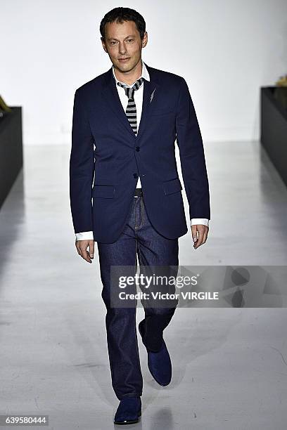 Marc-Olivier Fogiel walks the runway during the Agnes B Menswear Fall/Winter 2017-2018 show as part of Paris Fashion Week on January 22, 2017 in...