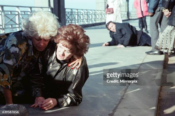 The cast of 'Coronation Street' filming scenes for death of Alan Bradley storyline in Blackpool. Julie Goodyear as Bet Lynch, Barbara Knox as Rita...