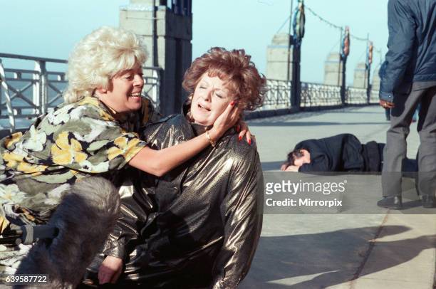 The cast of 'Coronation Street' filming scenes for death of Alan Bradley storyline in Blackpool. Julie Goodyear as Bet Lynch and Barbara Knox as Rita...