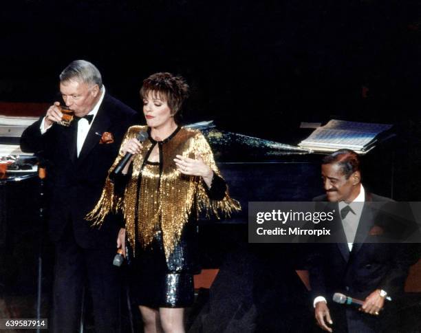 Singer Frank Sinatra on stage with Liza Minnelli and Sammy Davis Jnr performing on stage at the Royal Albert Hall. April 1989.