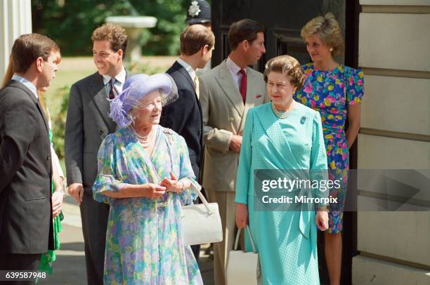 The Royal Family standing outside Clarence House on the 89th Birthday of the Queen Mother including Prince Andrew the Duke of York, Queen Elizabeth...