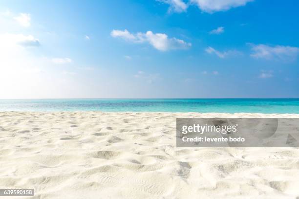 tropical beach sea sand sky and summer day. empty sea and beach background with copy space - litorale foto e immagini stock