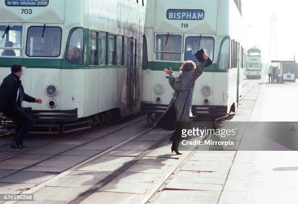 The cast of 'Coronation Street' filming scenes for death of Alan Bradley storyline in Blackpool. Barbara Knox as Rita Fairclough. 30th October 1989.