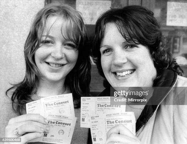 Rock fans Carol Morton and Pearl Meenagh, first in queue for Rolling Stones tickets outside the Apollo Centre, Glasgow, Scotland, 20th May 1982.