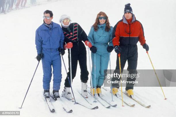 Prince Charles, Princess Diana, The Duchess of York Sarah Ferguson and The Duke of York Prince Andrew posing for photographers on their skiing...