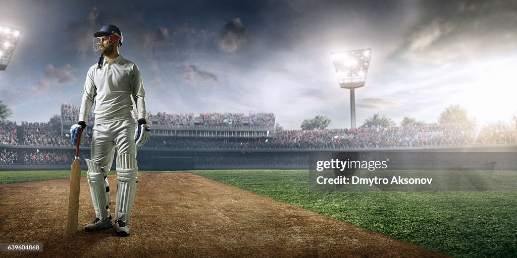 Cricket player batsman on the stadium