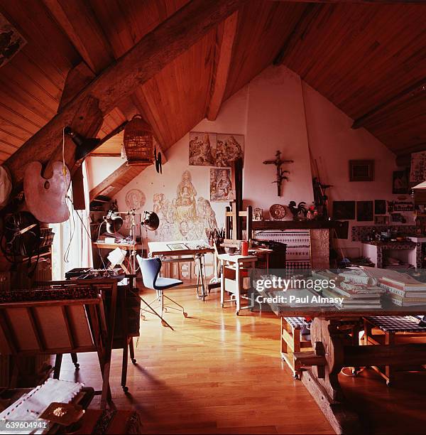 The artist Tsougharu Foujita's studio, ca. 1958.