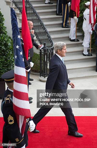 United States Secretary of State John Kerry arrives at an official State Visit of China on the South Lawn of the White House in Washington, DC on...